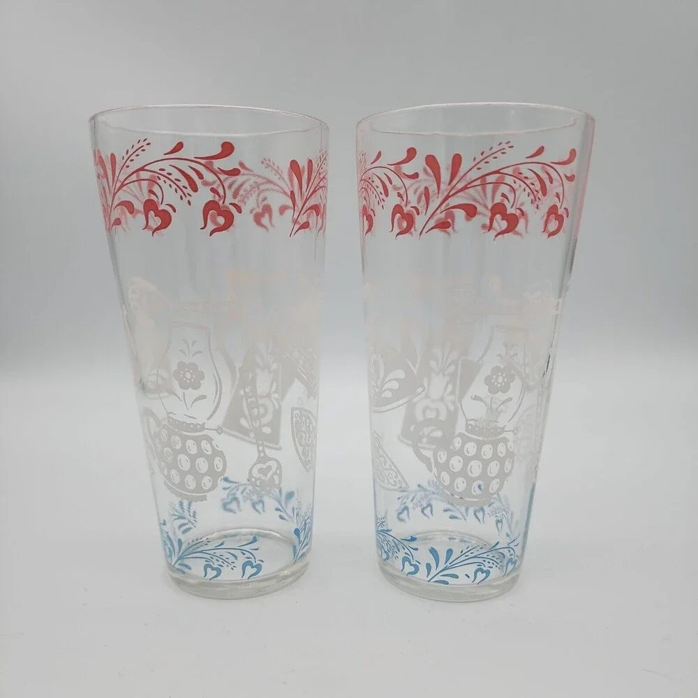 Hazel Atlas Kitchen Aids Iced Tea Tumblers 16oz Drinking Glasses Pink White Blue